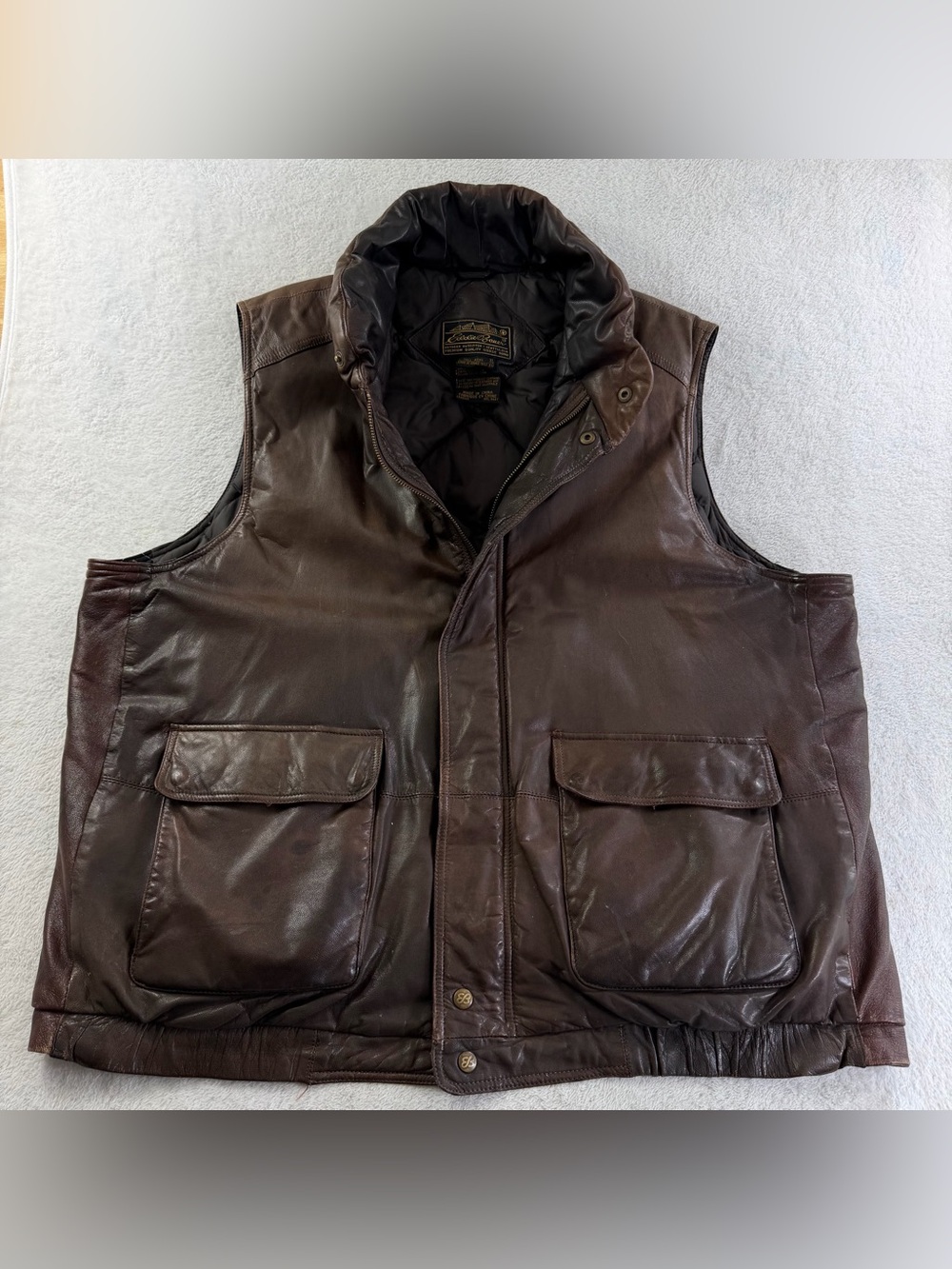 Vintage Eddie Bauer Leather Goose Down Vest XL Tall Brown
